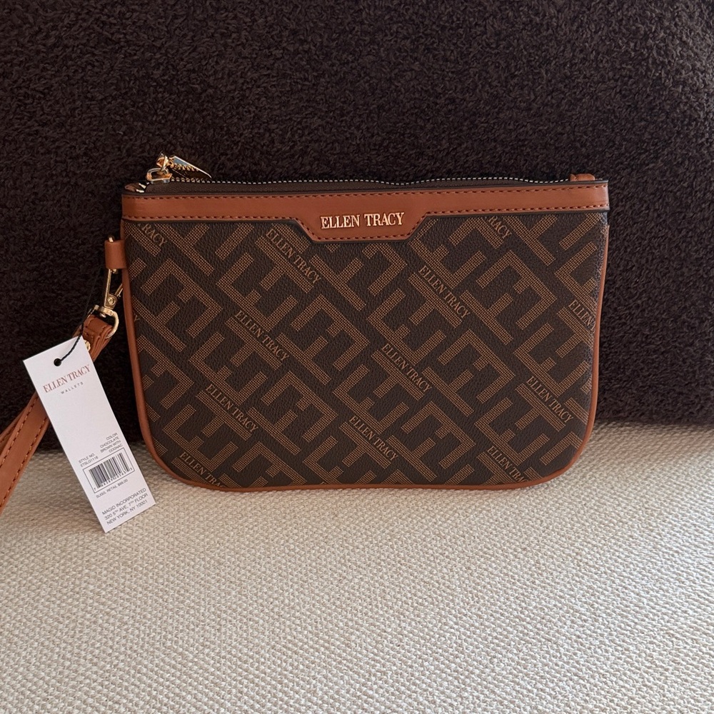 Ellen Tracy Brown Monogram Wristlet with Tan Trim and Gold Hardware